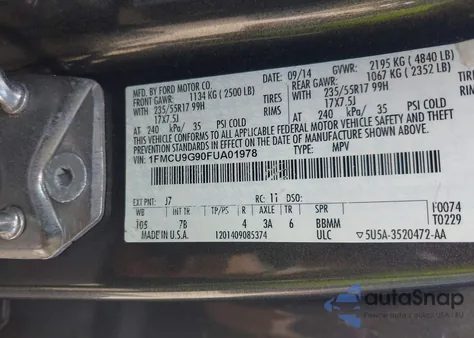 2015 Ford Escape Se z USA, uszkodzony, nr VIN 1FMCU9G90FUA01978